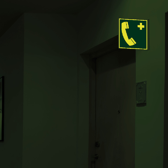 PERMALIGHT plus langnachleuchtend Rettungs-Fahnenschild Notruftelefon, doppelseitig, Kunststoff, 200x200mm-Beschreibung lesen