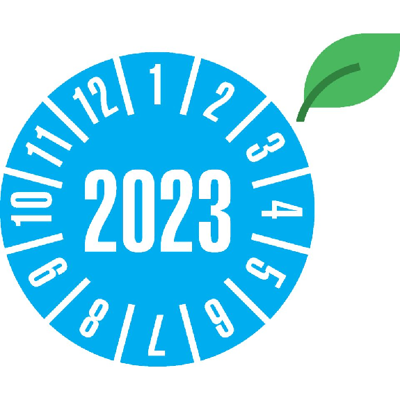 Jahresprüfplakette 2023, blau, ökologische Folie, selbstklebend, Ø 30mm, 18/Bogen-Beschreibung lesen