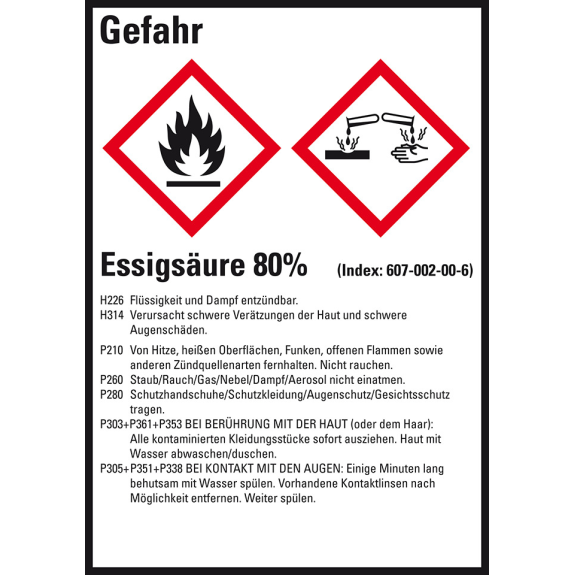 GHS-Etikett Essigsäure 80%, GefStoffV/GHS/CLP, Folie, 52x74mm, 10/Bogen GHS-Etikett Essigsäure 80%, GefStoffV/GHS/CLP, Folie, 52x74mm, 10/Bogen-Beschreibung lesen