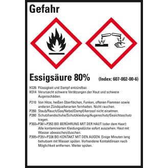 GHS-Etikett Essigsäure 80%, GefStoffV/GHS/CLP, Folie, 52x74mm, 10/Bogen-Beschreibung lesen