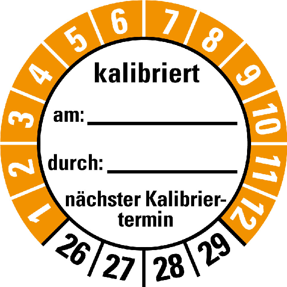 Prüfplakette kalibriert,nä.Kalibriert.,26-29,weiß/orange,Folie,Ø 40mm,10/Bogen-Beschreibung lesen