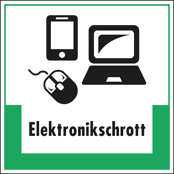 Abfallkennzeichen Elektronikschrott, mit Symbol und Text, Kunststoff, 200x200mm Abfallkennzeichen Elektronikschrott, mit Symbol und Text, Kunststoff, 200x200mm-Beschreibung lesen