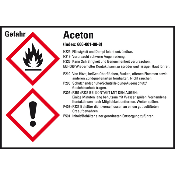 Gefahrstoffetikett Aceton, GefStoffV/GHS/CLP, Folie, 105x74mm, 8/Bogen Gefahrstoffetikett Aceton, GefStoffV/GHS/CLP, Folie, 105x74mm, 8/Bogen-Beschreibung lesen