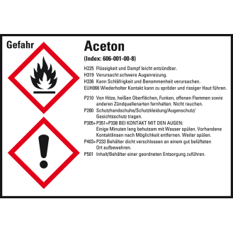 Gefahrstoffetikett Aceton, GefStoffV/GHS/CLP, Folie, 105x74mm, 8/Bogen-Beschreibung lesen