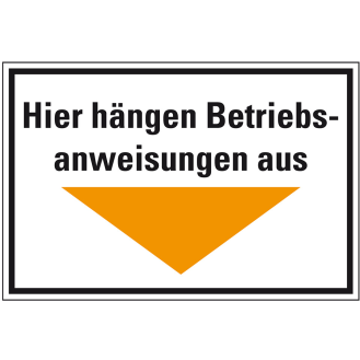 Hinweisschild Hier hängen Betriebsanweisungen aus, Pfeil gelb, Kunststoff, 300x200mm-Beschreibung lesen