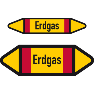 Rohrleitungsetikett Erdgas, DIN 2403, gelb/schwarz/rot, für Ø 15-25mm, 96x17mm, 8/Bogen-Beschreibung lesen
