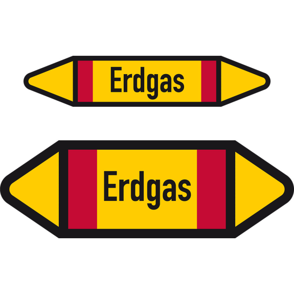 Rohrleitungsetikett Erdgas, DIN 2403, gelb/schwarz/rot, für Ø 15-25mm, 96x17mm, 8/Bogen-Beschreibung lesen