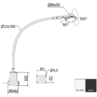 Lampe avec bras flexible 700mm, LED 120°, 4.5W, 230Vac, Gris clair - 960122SF3-Lire la description