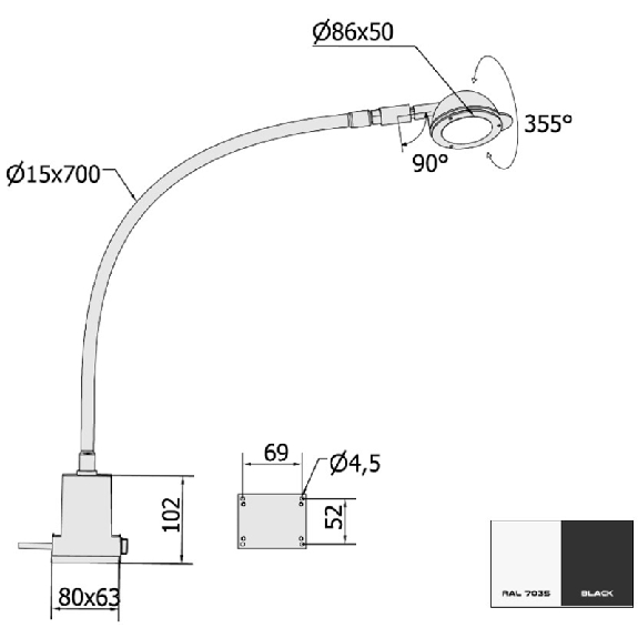 Lampe avec bras flexible 700mm, LED 120°, 4.5W, 230Vac, Gris clair - 960122SF3 Lampe avec bras flexible 700mm, LED 120°, 4.5W, 230Vac, Gris clair - 960122SF3-Lire la description
