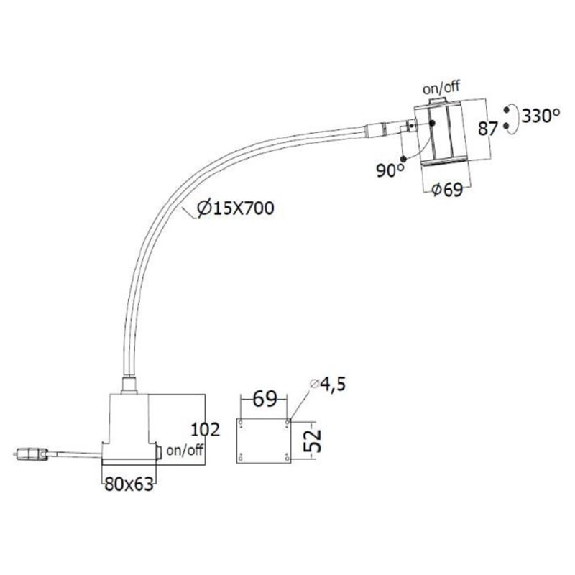 Lampe bras flexible 700mm, LED 40°, 3W, 230Vac, DIMMER, Gris clair - SF0322S08 Lampe bras flexible 700mm, LED 40°, 3W, 230Vac, DIMMER, Gris clair - SF0322S08-Lire la description