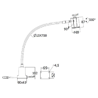 Lampe bras flexible 700mm, LED 40°, 3W, 230Vac, DIMMER, Gris clair - SF0322S08-Lire la description