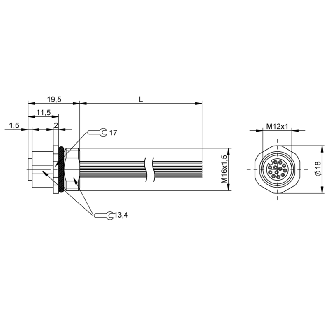 Passage de cloison M12 Fem Droit 12p/12 fils (12 x 0.14mm²) 2m, 30V - BCC M45C-0000-1A-RM081-020 (BCC0E5A)-Lire la description