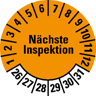 Prüfplakette Nächste Inspektion,26-31,orange,Folie,selbstklebend,Ø 30mm,10/Bogen-Beschreibung lesen