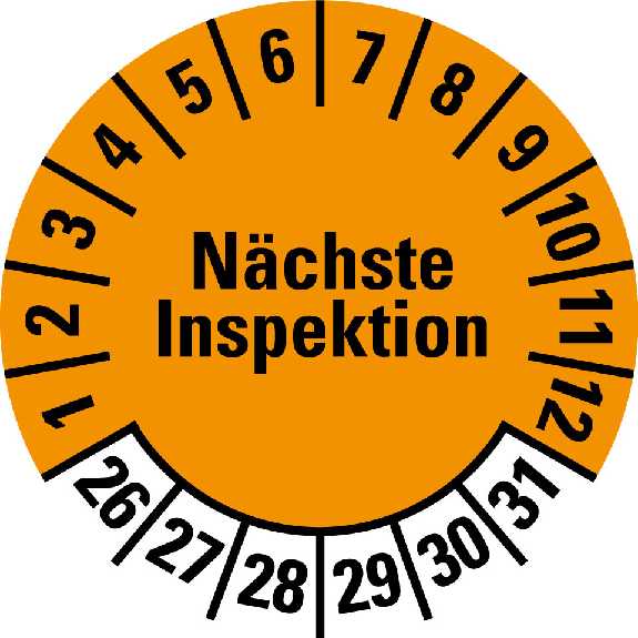 Prüfplakette Nächste Inspektion,26-31,orange,Folie,selbstklebend,Ø 30mm,10/Bogen Prüfplakette Nächste Inspektion,26-31,orange,Folie,selbstklebend,Ø 30mm,10/Bogen-Beschreibung lesen