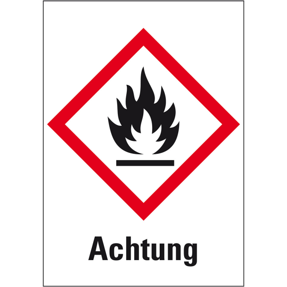 Gefahrensymbol Flamme GHS 02, Achtung, Folie, 26x37mm, 500/Rolle, GHS-Verordnung-Beschreibung lesen