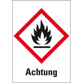 Gefahrensymbol Flamme GHS 02, Achtung, Folie, 26x37mm, 500/Rolle, GHS-Verordnung-Beschreibung lesen