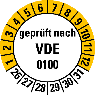 Prüfplakette geprüft nach VDE 0100,26-31,Folie,selbstklebend,Ø 20mm,10/Bogen-Beschreibung lesen