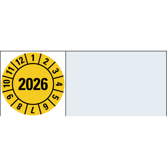 Kabelprüfplakette 2026, gelb, Folie, selbstklebend, 20x50mm, 16/Bogen-Beschreibung lesen