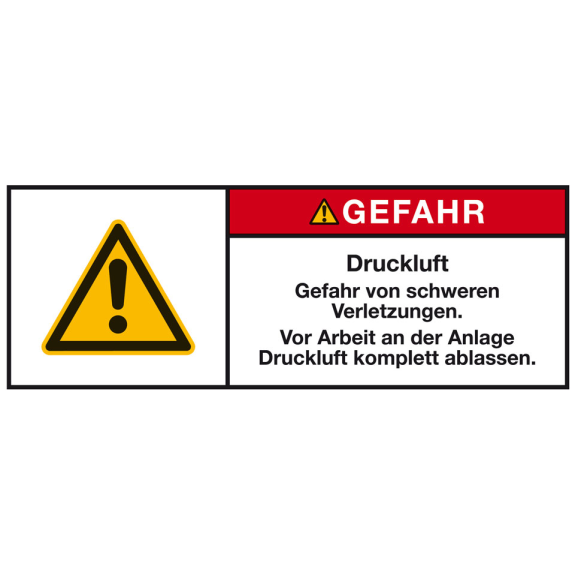 Produktsicherheitsschild Gefahr - Druckluft, RoHS konform, Folie, 200x75mm, ISO 3864-2-Beschreibung lesen