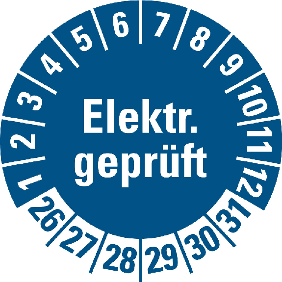 Prüfplakette Elektr.geprüft, 26-31,blau,Folie,ölige Untergründe,Ø 30mm,10/Bogen Prüfplakette Elektr.geprüft, 26-31,blau,Folie,ölige Untergründe,Ø 30mm,10/Bogen-Beschreibung lesen