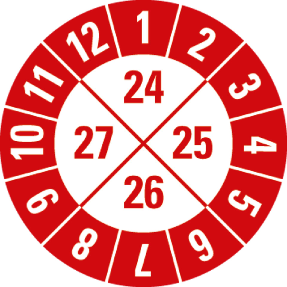 Prüfplakette, Jahresbereich 24-27, rot/weiß, Folie, selbstkl., Ø 30mm, 10/Bogen-Beschreibung lesen