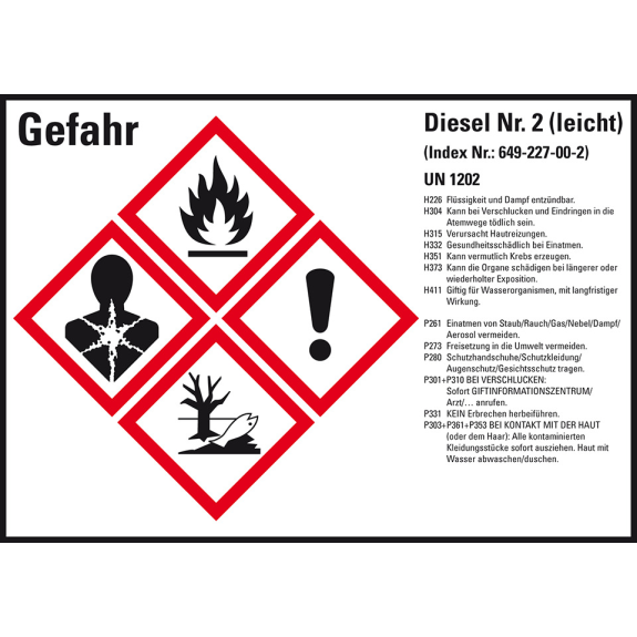 Gefahrstoffetikett Diesel leicht UN 1202, GefStoffV/GHS/CLP, 148x105mm, 4/Bogen-Beschreibung lesen