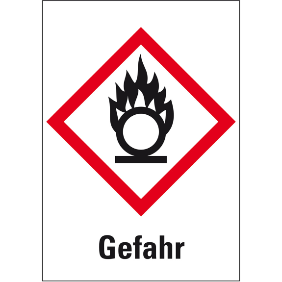 Gefahrensymbol Flamme über Kreis GHS 03, Gefahr, Folie, 52x74mm, 500/Rolle, GHS-Verordnung-Beschreibung lesen