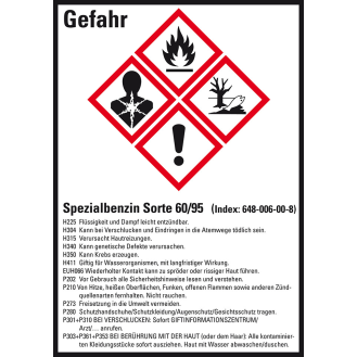 GHS-Etikett Spezialbenzin Sorte 60/95, GefStoffV/GHS/CLP, Folie, 52x74mm, 10/Bogen-Beschreibung lesen