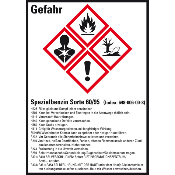 GHS-Etikett Spezialbenzin Sorte 60/95, GefStoffV/GHS/CLP, Folie, 52x74mm, 10/Bogen GHS-Etikett Spezialbenzin Sorte 60/95, GefStoffV/GHS/CLP, Folie, 52x74mm, 10/Bogen-Beschreibung lesen