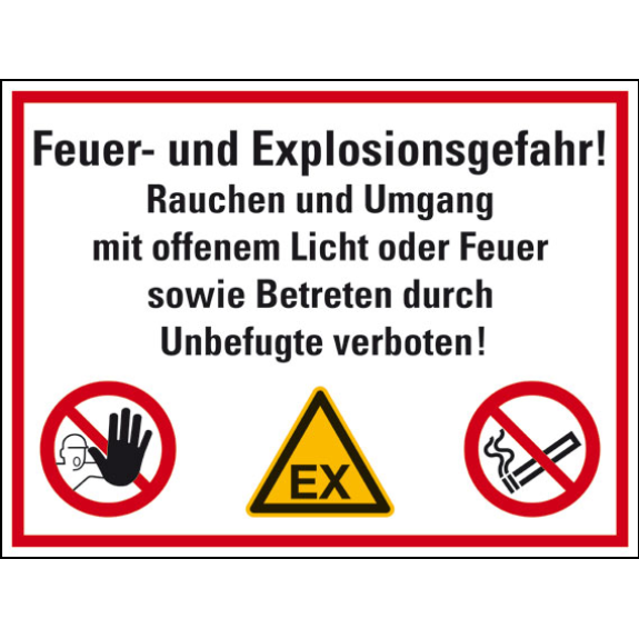 Hinweisschild Feuer- und Explosionsgefahr!..., Aluminium, 300x400mm-Beschreibung lesen