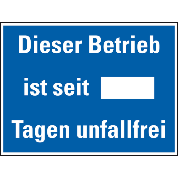 Hinweisschild Dieser Betrieb ist seit...Tagen unfallfrei, Stahlblech, 400x300mm Hinweisschild Dieser Betrieb ist seit...Tagen unfallfrei, Stahlblech, 400x300mm-Beschreibung lesen