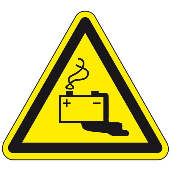 Warnschild Gefahren durch d.Aufladen von Batterien, Aluminium, SL 200mm, ASR A1.3, DIN EN ISO 7010 W026-Beschreibung lesen