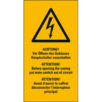 Warn-Kombischild Achtung! Vor Öffnen..., RoHS konform, 3-spr., Folie, 26x52mm, 10/BOG, ASR A1.3, DIN EN ISO 7010 W012-Beschreibung lesen
