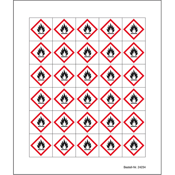 Minisymbol GHS 02 Entzündbare Stoffe, Folie, selbstklebend, 20x20mm, 30/Bogen-Leggi tutto