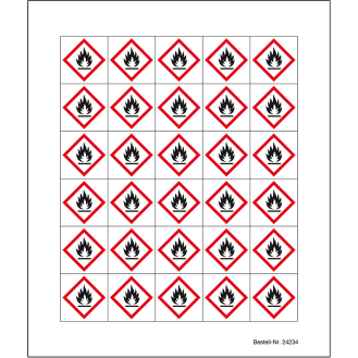 Minisymbol GHS 02 Entzündbare Stoffe, Folie, selbstklebend, 20x20mm, 30/Bogen-Beschreibung lesen