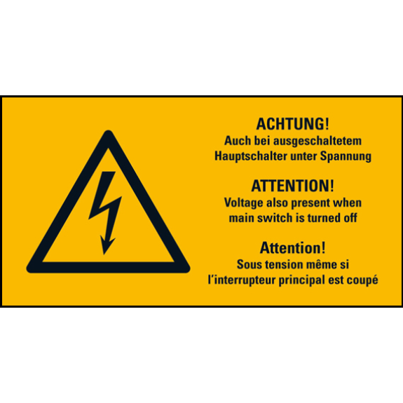 Warn-Kombischild Auch bei ausgesch., RoHS konform, 3-spr., Folie, 52x26mm, 10/Bogen, ASR A1.3, DIN EN ISO 7010 W012-Beschreibung lesen
