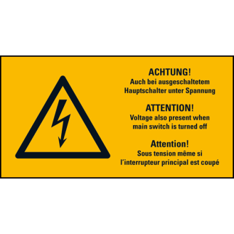 Warn-Kombischild Auch bei ausgesch., RoHS konform, 3-spr., Folie, 52x26mm, 10/Bogen, ASR A1.3, DIN EN ISO 7010 W012-Beschreibung lesen