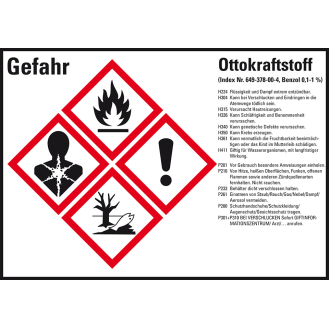GHS-Etikett Ottokraftstoff, GefStoffV/GHS/CLP, Folie, 148x105mm, 4/Bogen-Beschreibung lesen