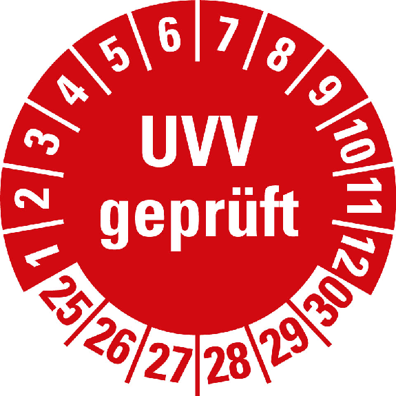 Prüfplakette UVV geprüft, 25-30, rot, Folie, selbstklebend, Ø 30mm, 10/Bogen Prüfplakette UVV geprüft, 25-30, rot, Folie, selbstklebend, Ø 30mm, 10/Bogen-Beschreibung lesen