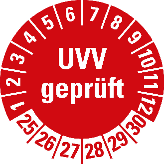 Prüfplakette UVV geprüft, 25-30, rot, Folie, selbstklebend, Ø 30mm, 10/Bogen-Beschreibung lesen