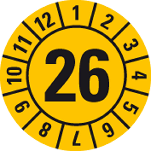 Prüfplakette 26, gelb, Folie, selbstklebend, Ø 20mm, 500/Rolle Prüfplakette 26, gelb, Folie, selbstklebend, Ø 20mm, 500/Rolle-Beschreibung lesen