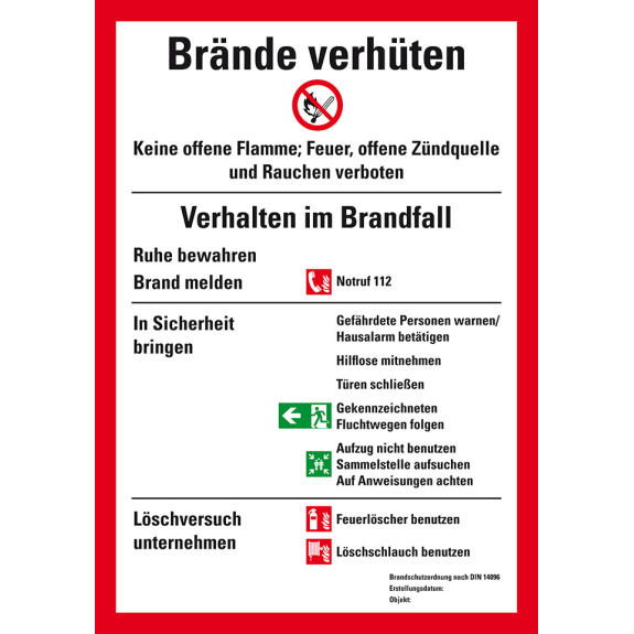 Aushang Brände verhüten, DIN 14096 Brandschutzordnung Teil A, Folie, 210x297mm, ASR A1.3, DIN EN ISO 7010 Aushang Brände verhüten, DIN 14096 Brandschutzordnung Teil A, Folie, 210x297mm, ASR A1.3, DIN EN ISO 7010-Beschreibung lesen