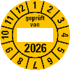 Prüfplakette gepr.von, 2026, Beschriftungsfeld, gelb, Folie, Ø 30mm, 10/Bogen Prüfplakette gepr.von, 2026, Beschriftungsfeld, gelb, Folie, Ø 30mm, 10/Bogen