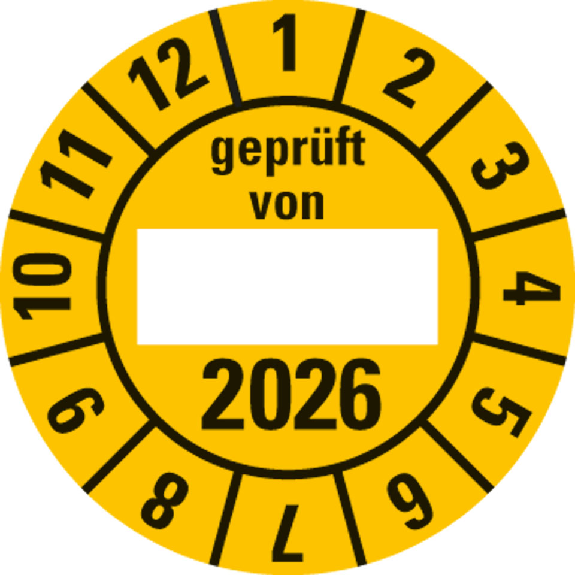 Prüfplakette gepr.von, 2026, Beschriftungsfeld, gelb, Folie, Ø 30mm, 10/Bogen Prüfplakette gepr.von, 2026, Beschriftungsfeld, gelb, Folie, Ø 30mm, 10/Bogen-Beschreibung lesen