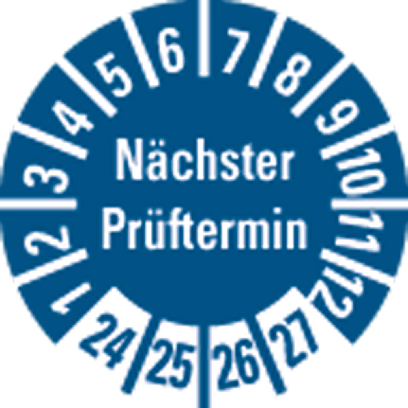 Prüfplakette Nächster Prüftermin 24-27,blau,Folie,selbstklebend,Ø 8mm,10/Bogen-Beschreibung lesen
