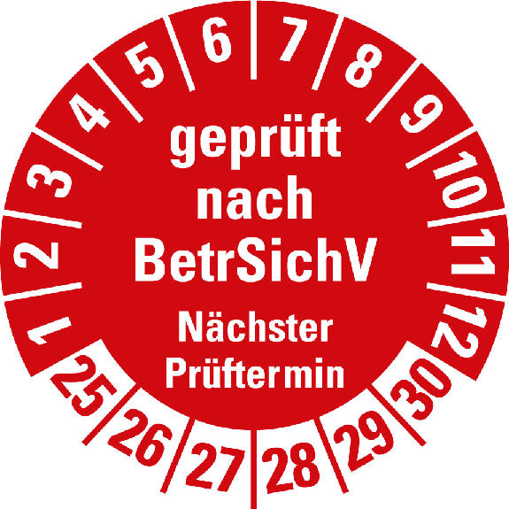 Prüfplakette geprüft n.BetrSichV Nä.Prüft. 25-30,Folie,selbstkl.,Ø 30mm,10/Bogen-Beschreibung lesen
