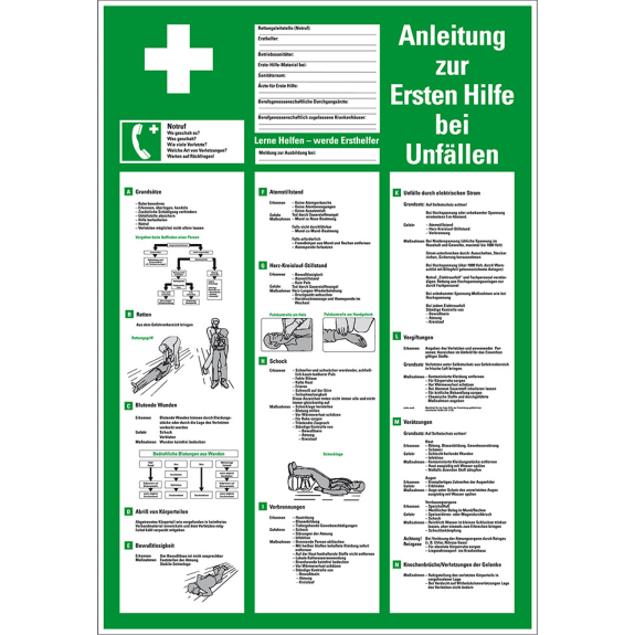 Aushang Anleitung zur Ersten Hilfe bei Unfällen, Kunststoff, 395x575mm-Leggi tutto