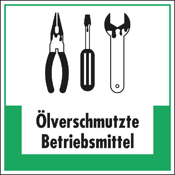 Abfallkennzeichen Ölverschmutzte Betriebsmittel, Symbol und Text, Folie, 200x200mm-Leggi tutto