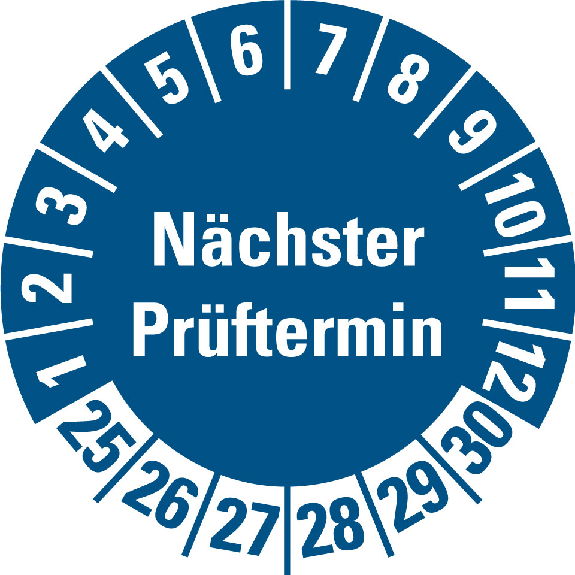 Prüfplakette NP 25-30, blau, Folie, für ölige Untergründe, Ø 30mm, 500/Rolle-Beschreibung lesen