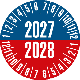 Prüfplakette 2027/2028, blau/rot, Folie, selbstklebend, Ø 20mm, 10/Bogen-Beschreibung lesen